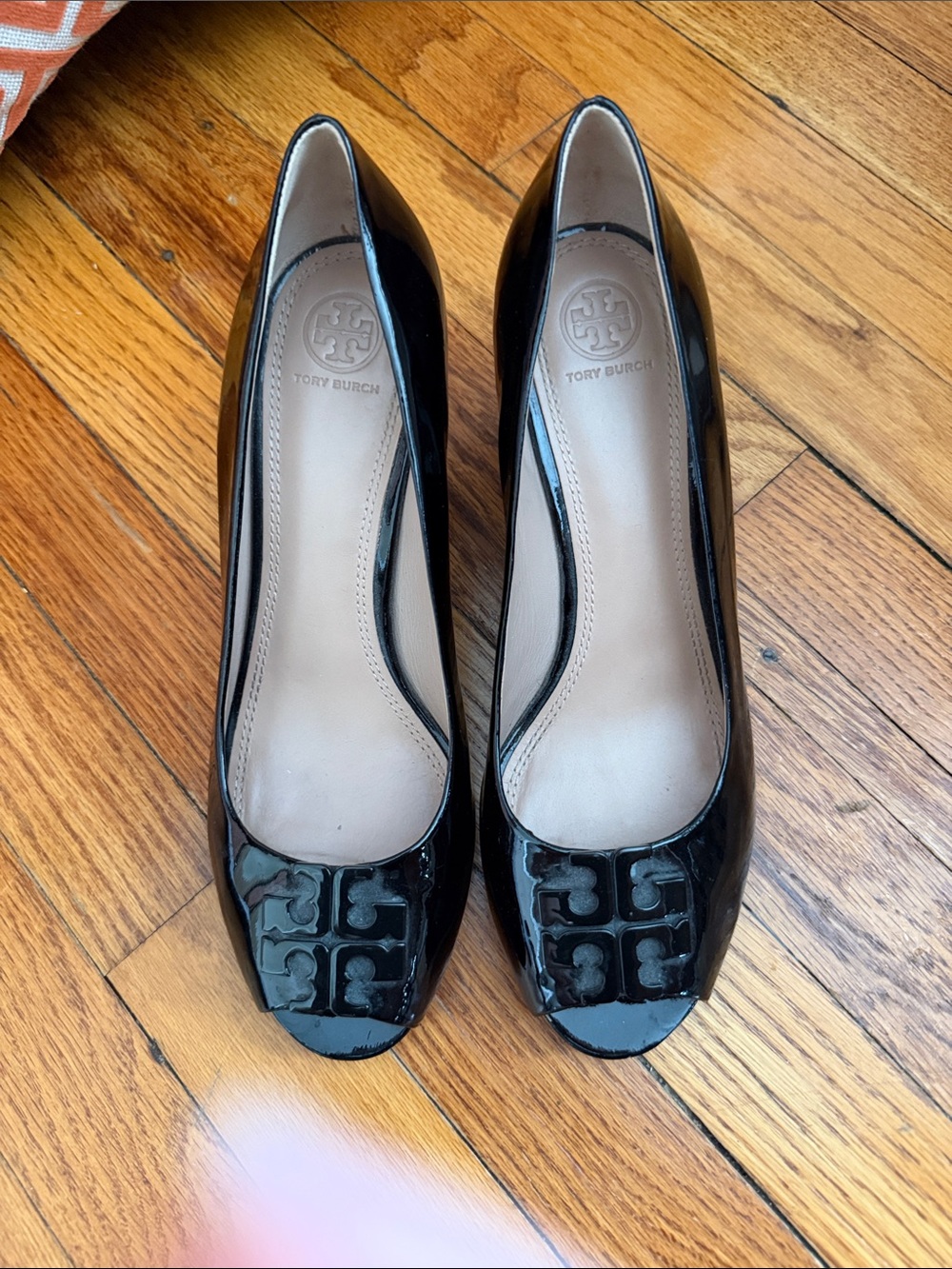 Tory Burch Black Patent Logo Peep-Toe Heels